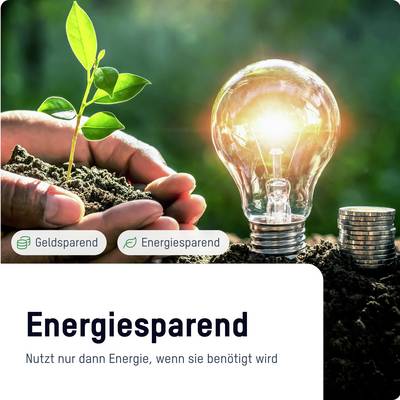 A hand plants a seedling next to a light bulb and stack of coins. Text: 'Energy-saving. Uses energy only when it is needed'.