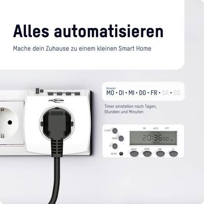 A smart home plug in a socket. Text: 'Automate Everything'. Timer shows '20:36:50'. Days: 'Mon, Tue, Wed, Thu, Fri, Sat, Sun'.