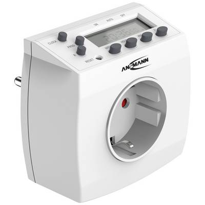 Digital timer with display and buttons, suitable for controlling electrical devices. Socket visible in the foreground.