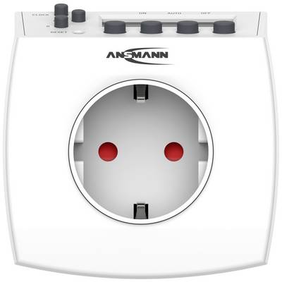 A white electric timer with a plug socket in the foreground. Controls at the top enable 'ON', 'AUTO', 'OFF'. Brand: Ansmann.