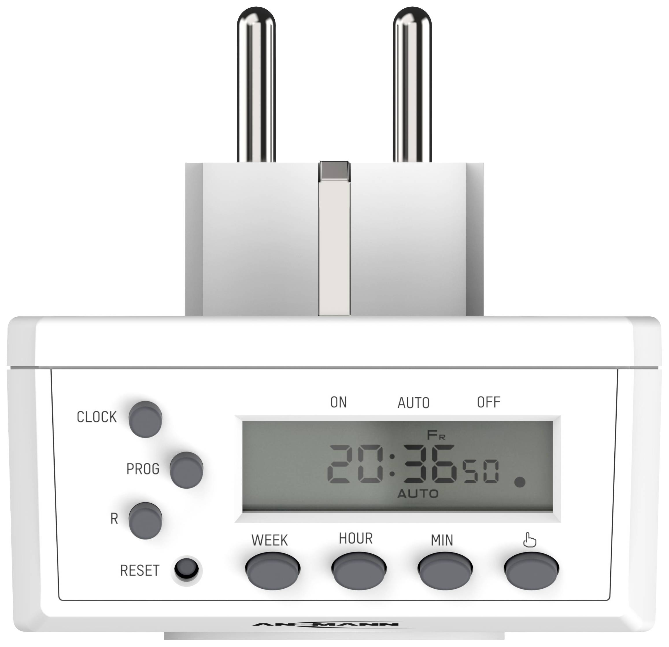 A digital plug-in timer with LED display shows the time as 20:36. Buttons for clock, timer settings, and modes.