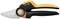 Garden shears with an orange and black handle and steel blades. Marked with 'Fiskars P921'. Suitable for precise cutting of plants.