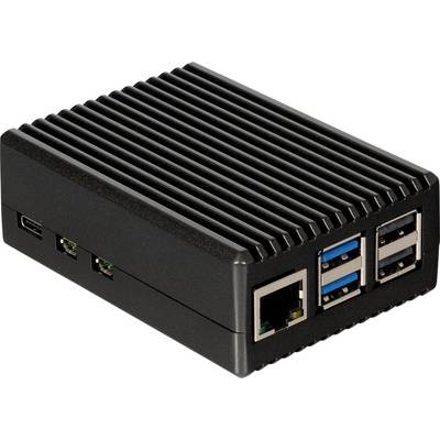 A small, rectangular computer with multiple USB ports and an Ethernet port, black with cooling fins on top.