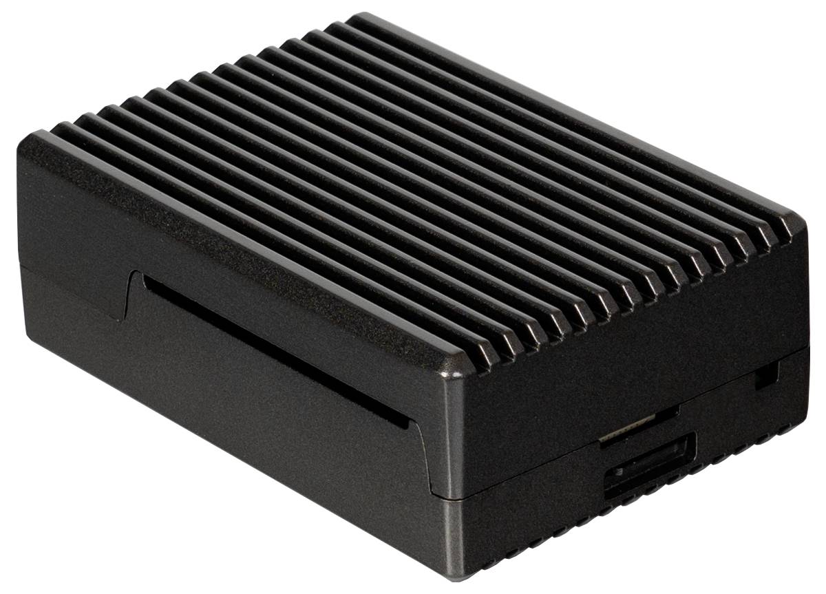 A black, compact computer case with a ribbed surface. Suitable for small electronics projects or mini PCs.