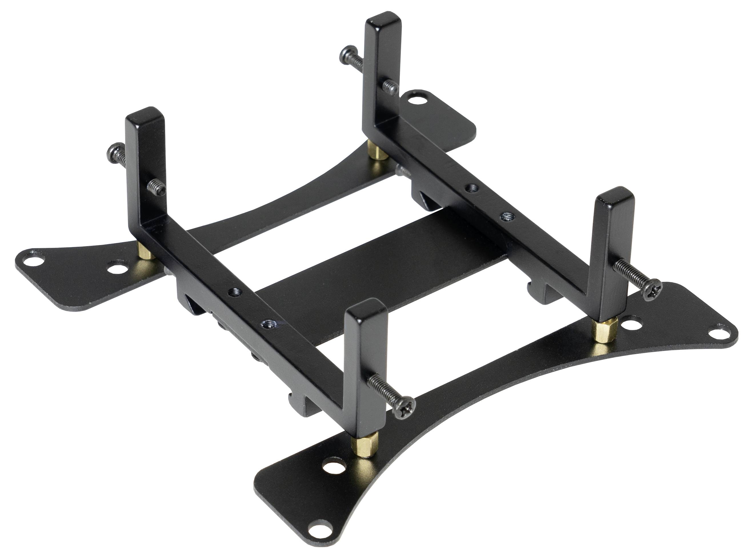 Black metal construction of an assembly frame with multiple fixings, likely for technical or electronic equipment.