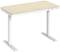 A height-adjustable desk with a light wooden top and white frame. Suitable for ergonomic working in the office.