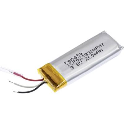 A small lithium polymer battery with a silver outer casing and a yellow band at one end. Three protruding wires in black, red, and white.