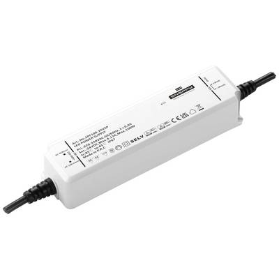 A rectangular, white LED power supply with black end cables. Technical specifications and safety symbols are printed on the surface.