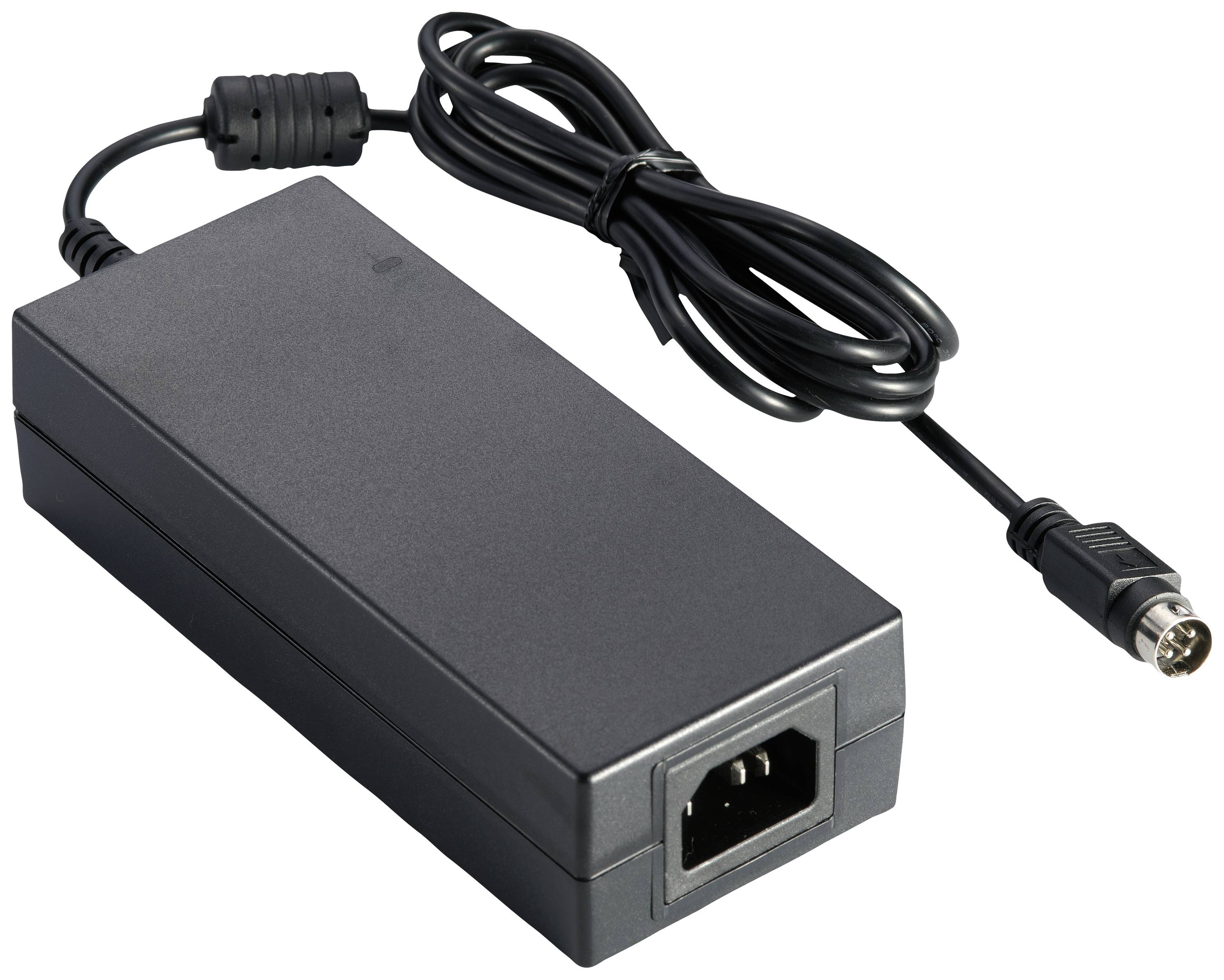 Black power adapter with cable and plug. It is commonly used for electronic devices to supply power from a mains socket.