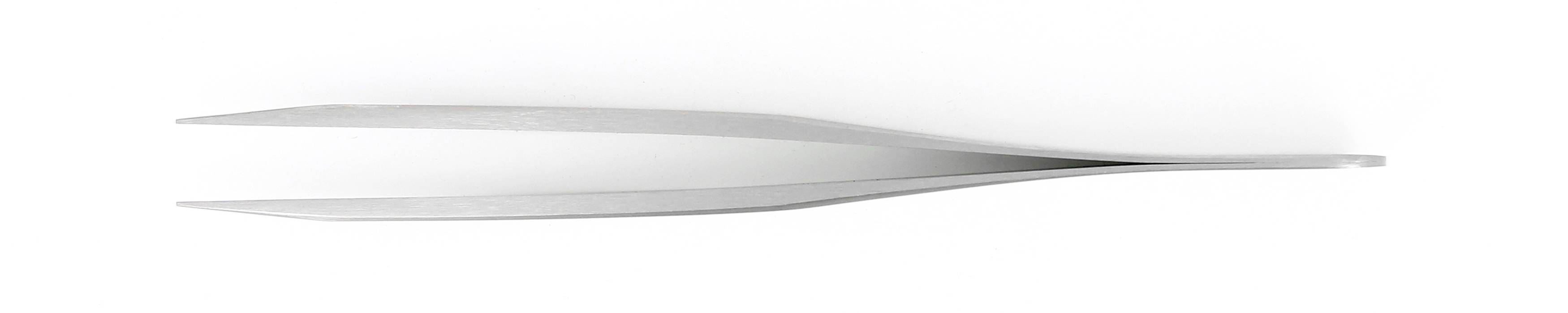 A silver tool with pointed ends, most likely a pair of tweezers, on a white background.