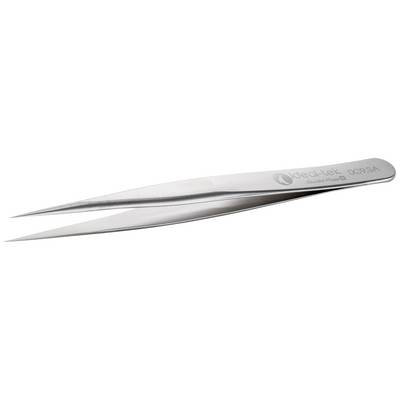 A metal tweezers with pointed tips, suitable for precise work, lies on a white background.