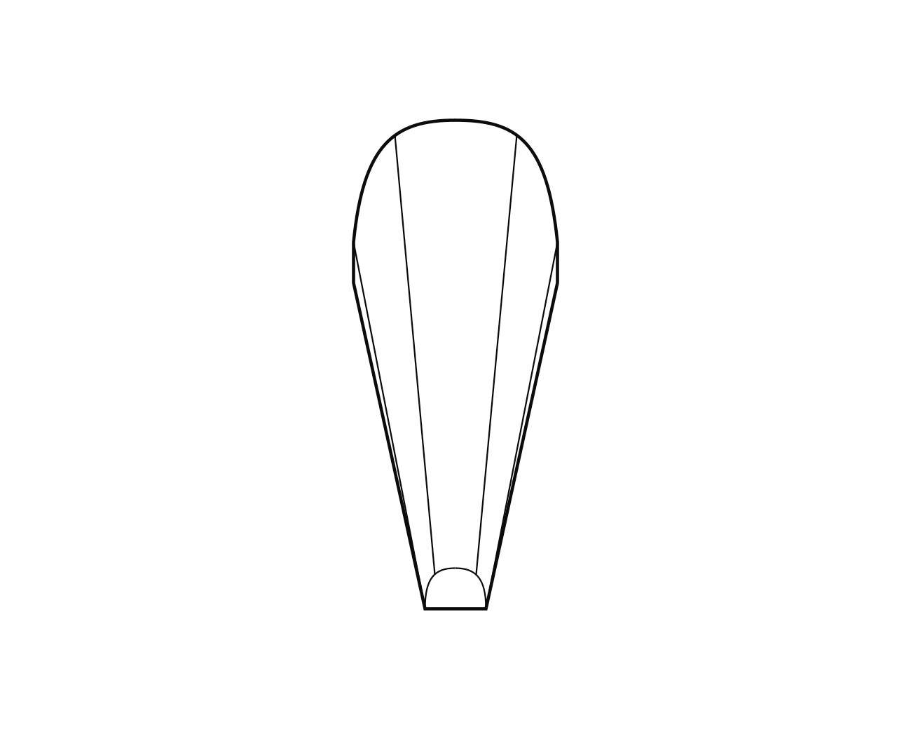 Technical drawing of a narrow, droplet-shaped object that is rounded at the tip. Object edges are clearly defined.<br><br>Note: The translation is in British English, maintaining the technical and descriptive tone of the original German text.