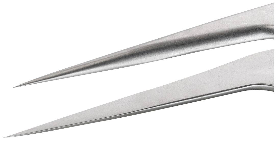 Close-up of two tweezers with fine, pointed tips, used for precise work in laboratories or with electronic components.