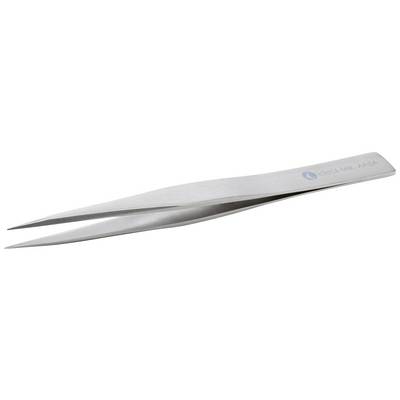 A silver tweezers, tapering to a point, on a white background. They are used for precisely gripping small objects.