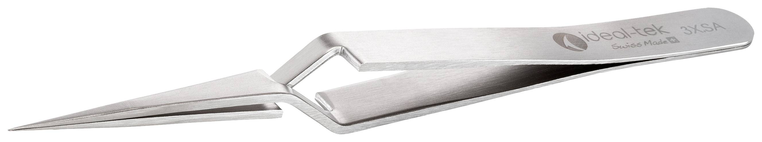 Silver-coloured, angled tweezers with sharp tips, suitable for precision work such as electronics or fine mechanics.