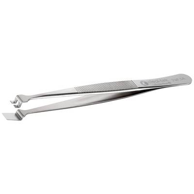 A silver, serrated tweezers from the company 'ideal-tek 2WF.SA'. It has angled, flat tips for precisely gripping small objects.
