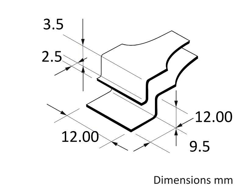 Technical drawing of a profile with dimensions: 3.5 mm, 2.5 mm, 12 mm and 9.5 mm. 'Dimensions in mm' is written bottom right.