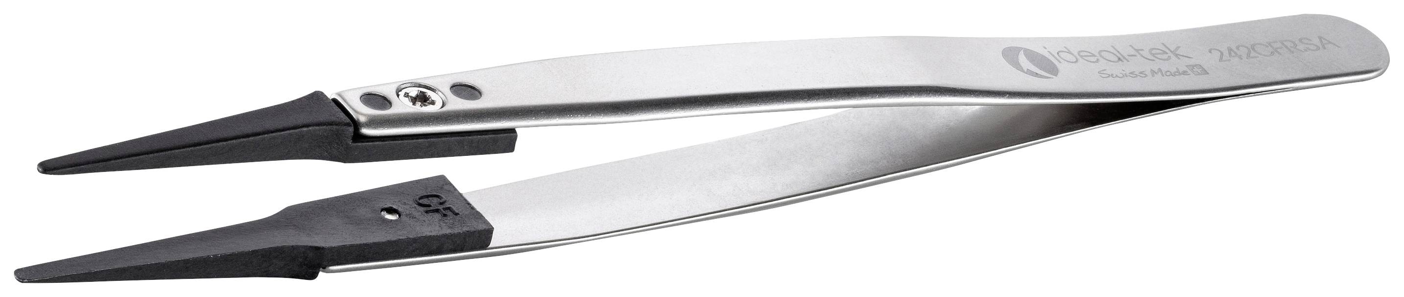 Stainless steel tweezers with black, heat-resistant tips and an ergonomic handle. Suitable for sensitive electrostatic work.