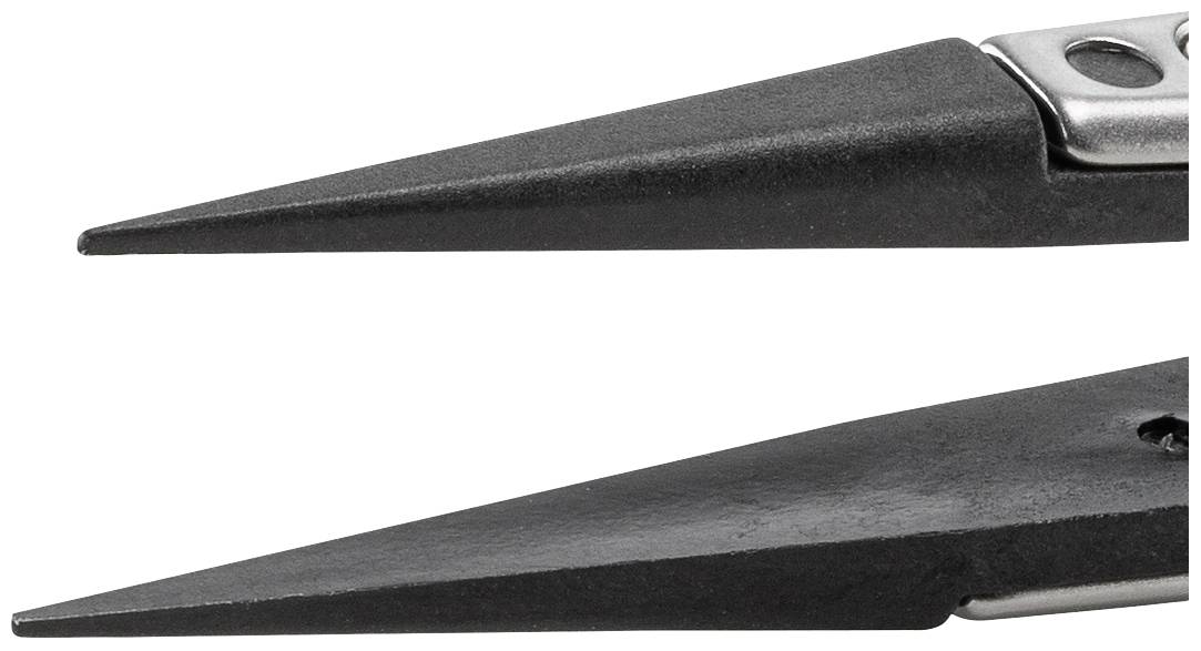 Close-up of an open, pointed pair of scissors with black blades, designed for precision cutting.
