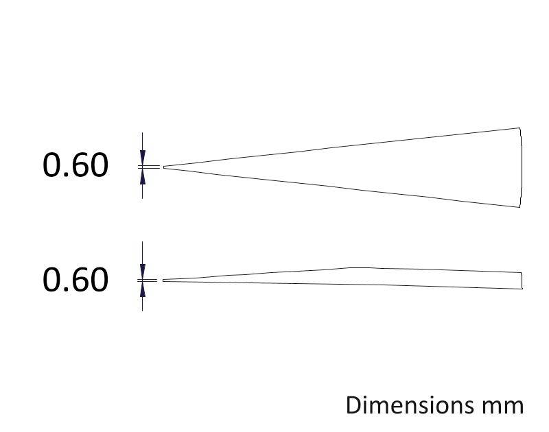 Two truncated cones with identical diameter (0.60 mm) in side view, showing different tapers. Text: 'Dimensions mm'.