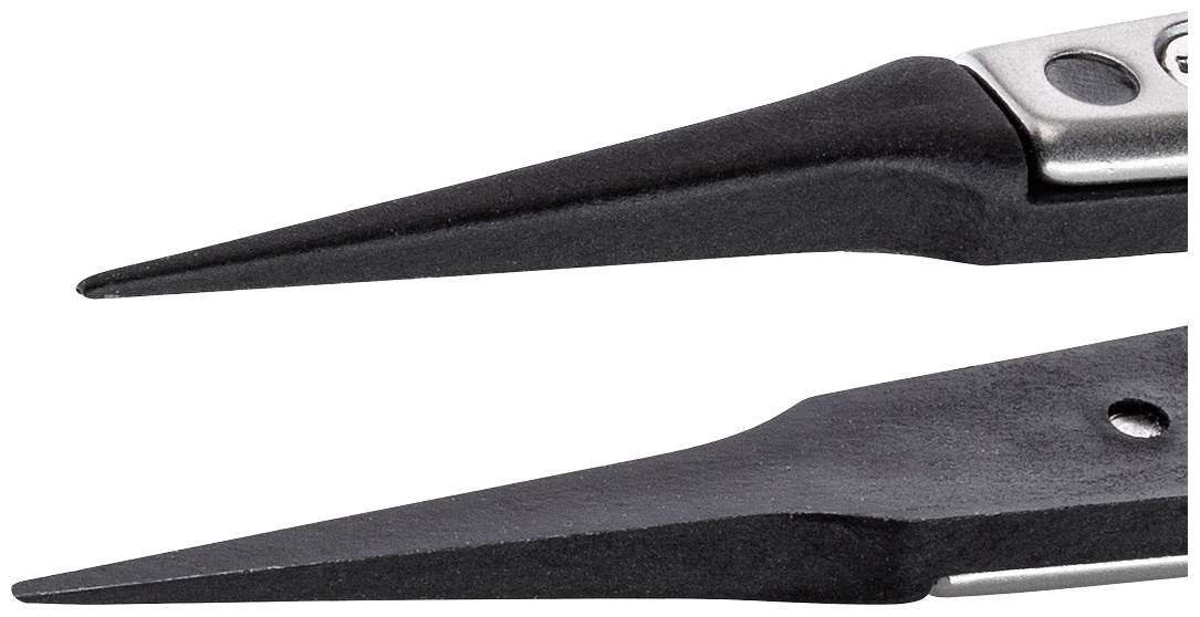 Close-up of two black, pointed pliers positioned parallel to each other. Focus is on the pointed tips.