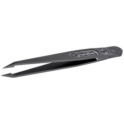 A black precision tweezers with finely tapering ends, suitable for delicate work. Inscription: 'Ideal-tek, Swiss Made, 707'.