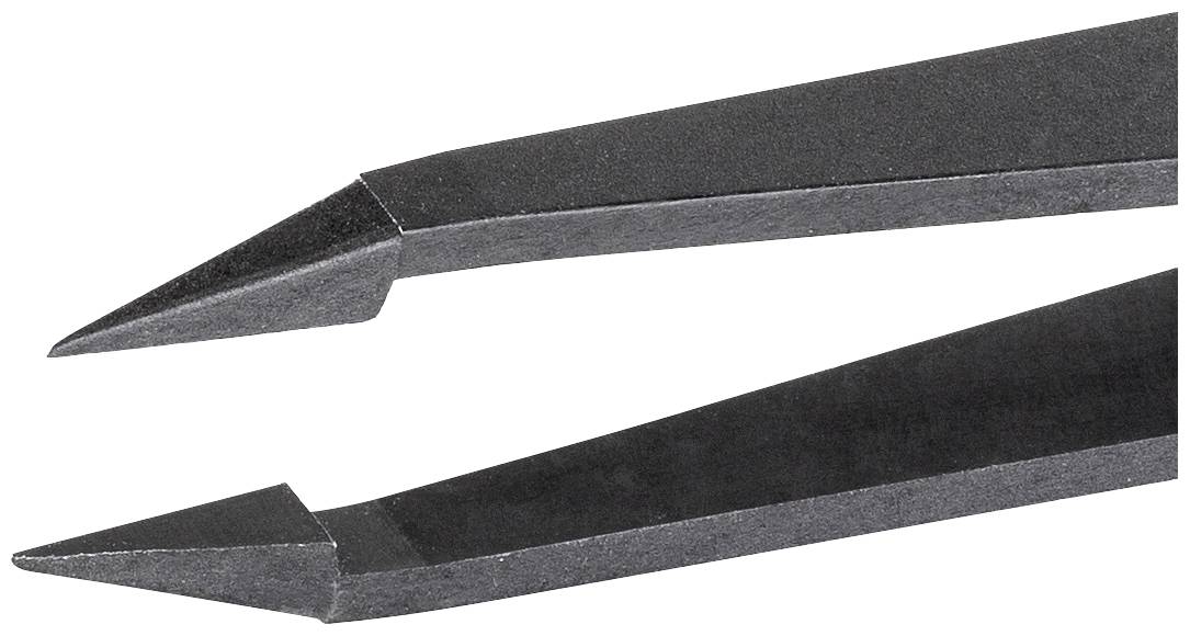 A black, pointed tweezers open against a white background.