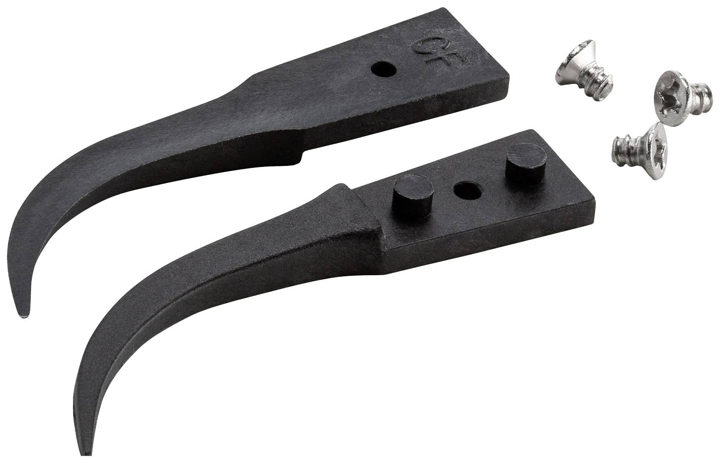Two black metal hooks for fastening, together with four silver screws. Components for a mechanical system.