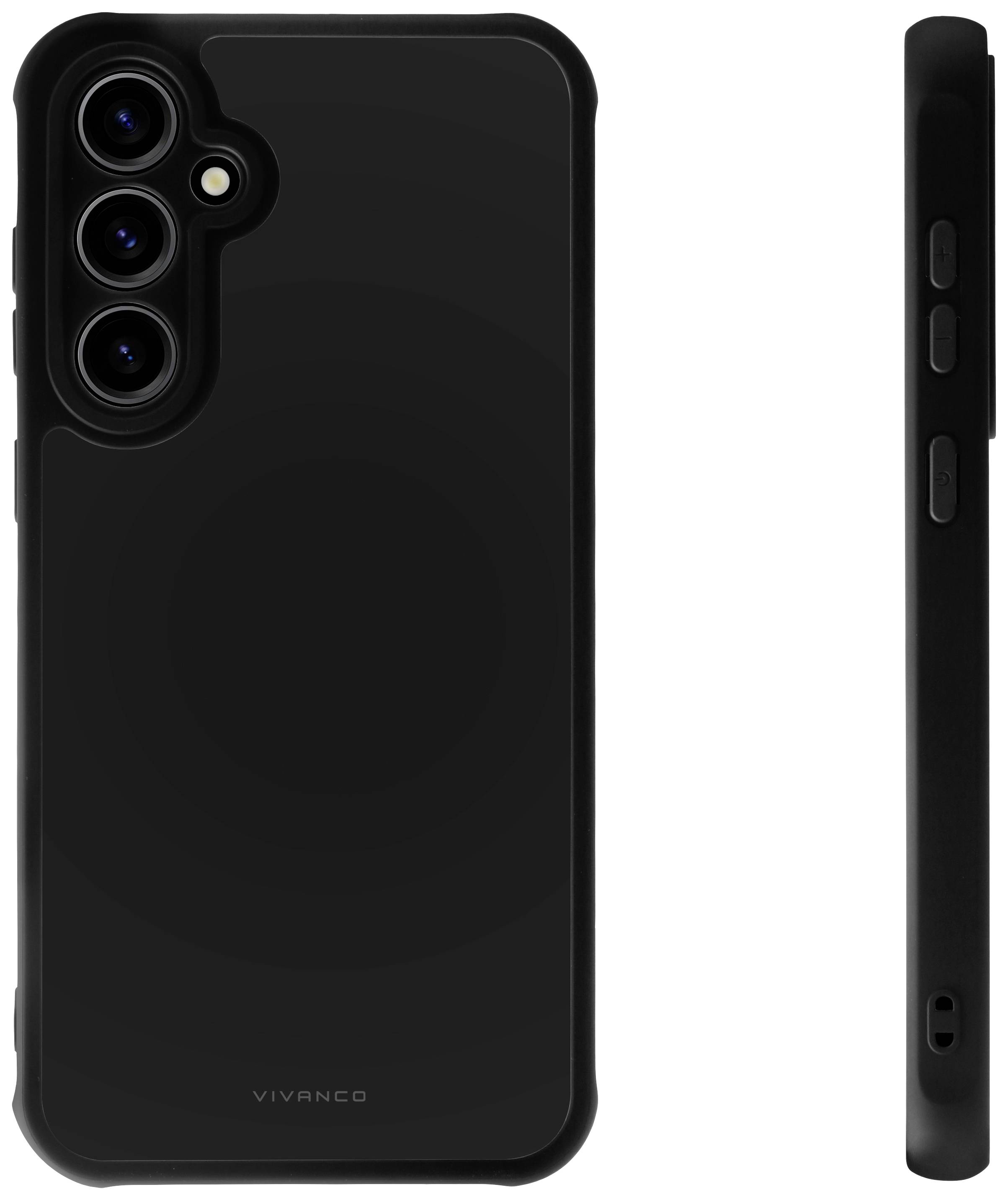 Black smartphone case with three camera cutouts in the top left and side buttons. 'Vivanco' marking at the bottom.