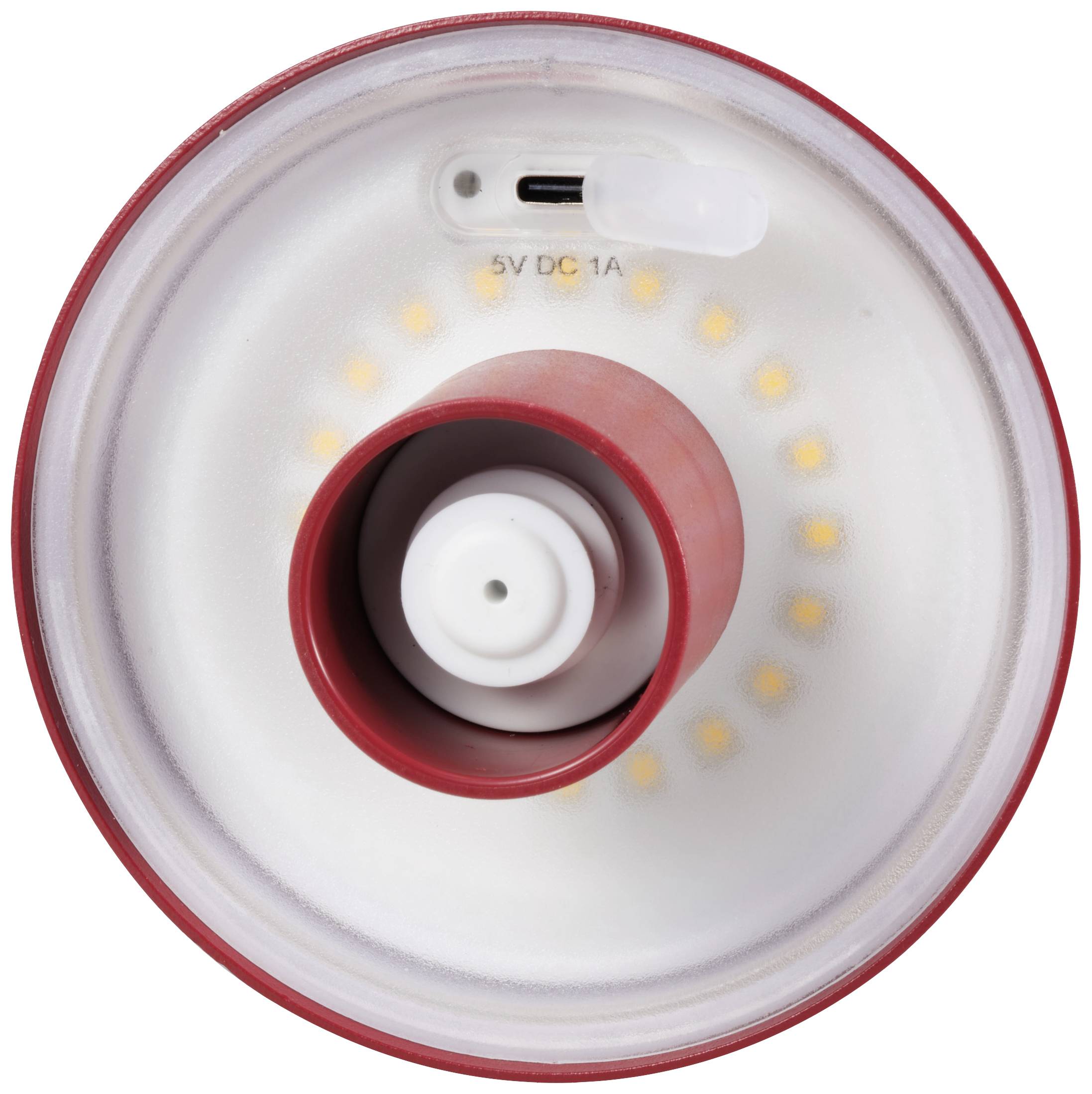 Red, cylindrical LED light viewed from above; shows 16 illuminated LEDs in a circle and USB connection for 5V DC 1A on the top surface.