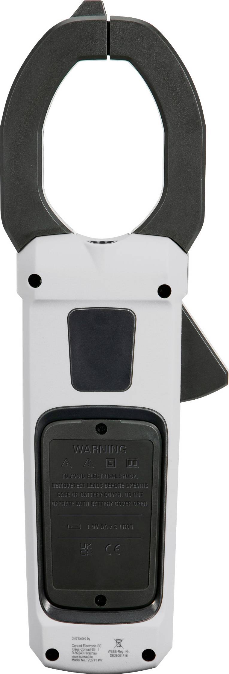 A digital clamp meter with a white body and black clamp tips, used for measuring electrical current. The display screen is off.