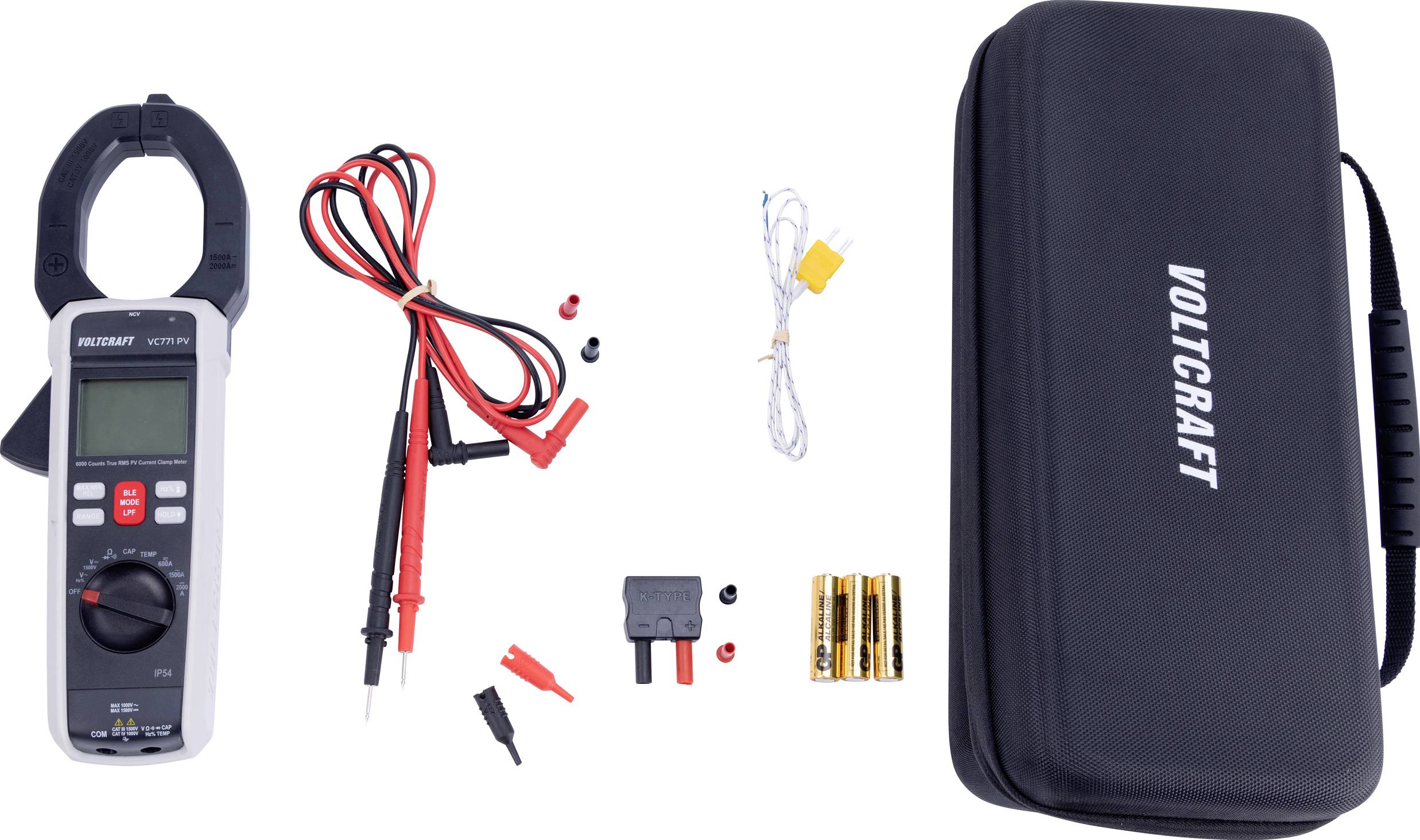 A digital clamp meter with probes, batteries, connectors, and a carrying case labeled 'VOLTCRAFT', arranged on a white background.