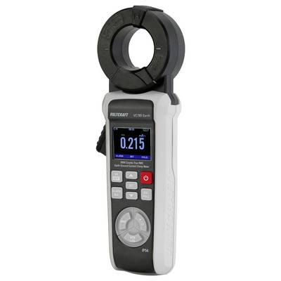 A digital clamp meter displaying '0.215' on its screen, with buttons for settings below the display. Used for measuring electrical current.