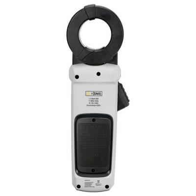 A handheld electrical clamp meter with a circular jaw for measuring current, featuring a warning label and a gray body with black details.