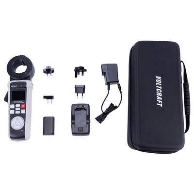 'VOLTCRAFT' power meter kit with charger, adapter plugs, carrying case, and accessories arranged on a white background.