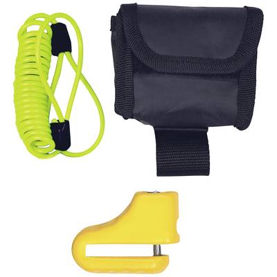 A yellow disc lock is beside a black carrying bag. A neon-coloured spiral cable is also visible.
