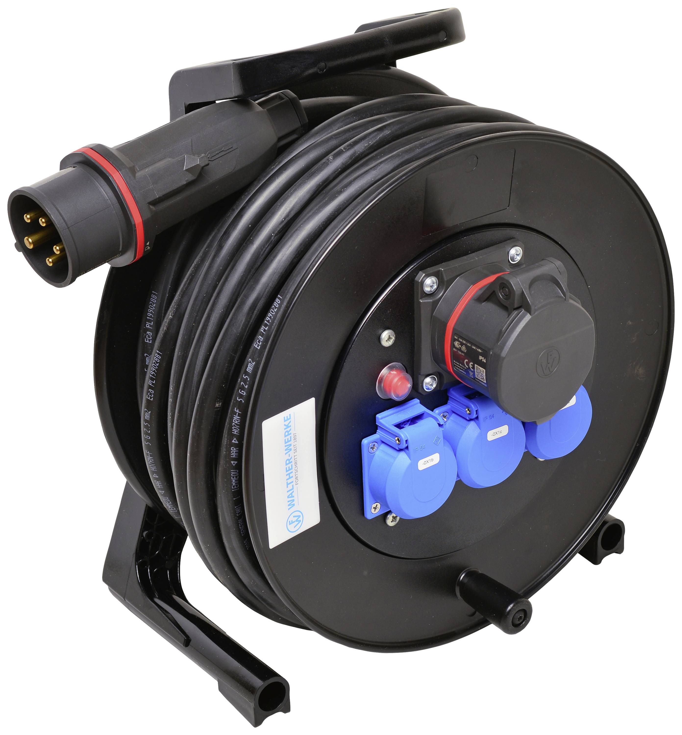 A black cable reel with multiple blue power sockets and a black plug, suitable for industrial use.