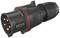 Black industrial plug with a red ring and metal contacts, used for high-voltage applications in power supply.