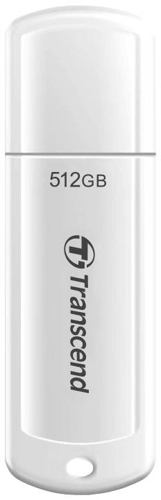 A white USB stick with 'Transcend' and '512GB' written on it.
