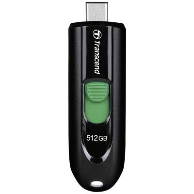 USB flash drive with 512 GB capacity, black casing, green button, brand 'Transcend'. Suitable for data storage and transfer.