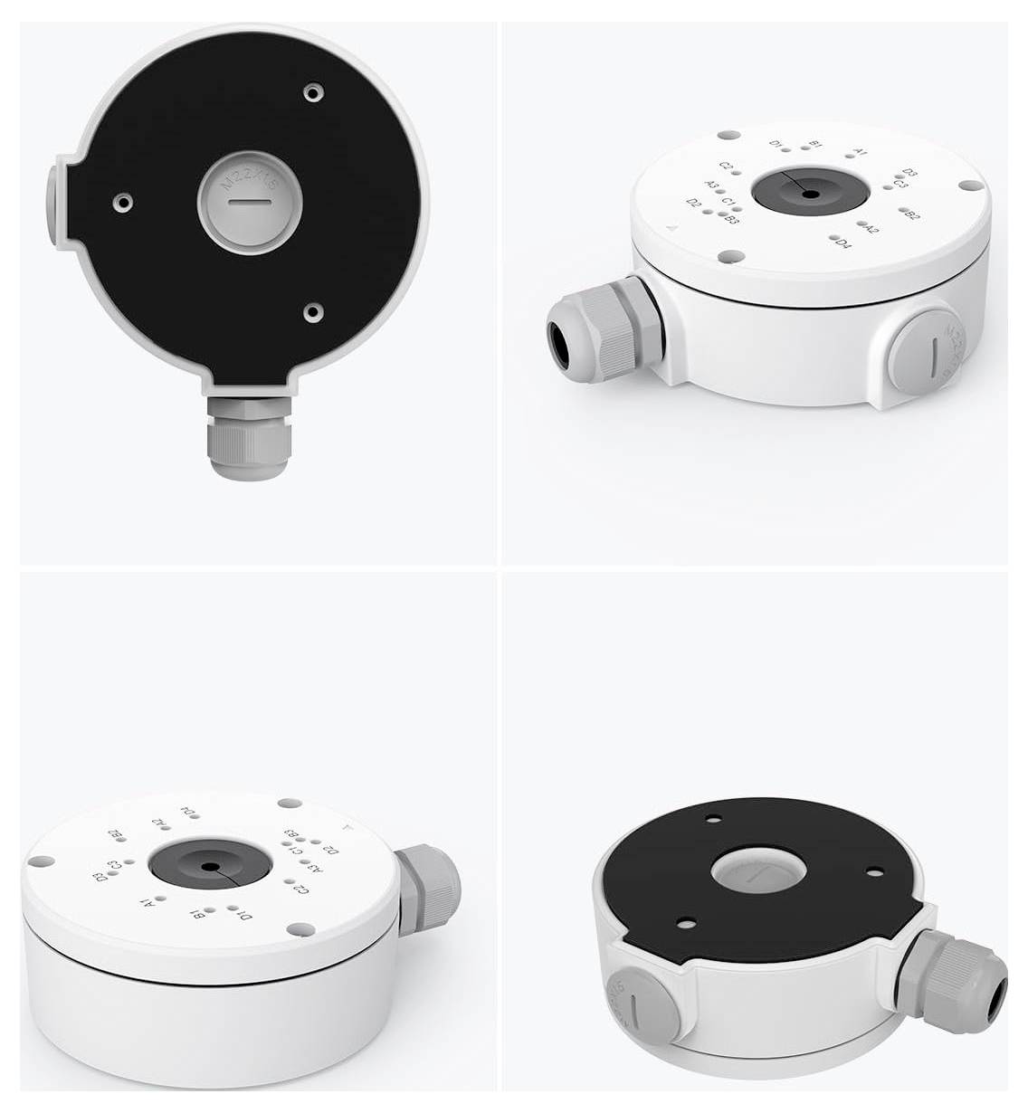 'A view of a round, black and white ceiling mount junction box with multiple angles showing side ports for wiring, labeled with specifications.'