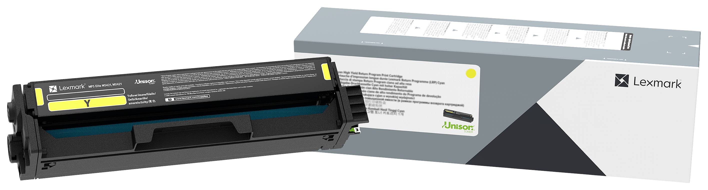 A black Lexmark printer cartridge next to its packaging.