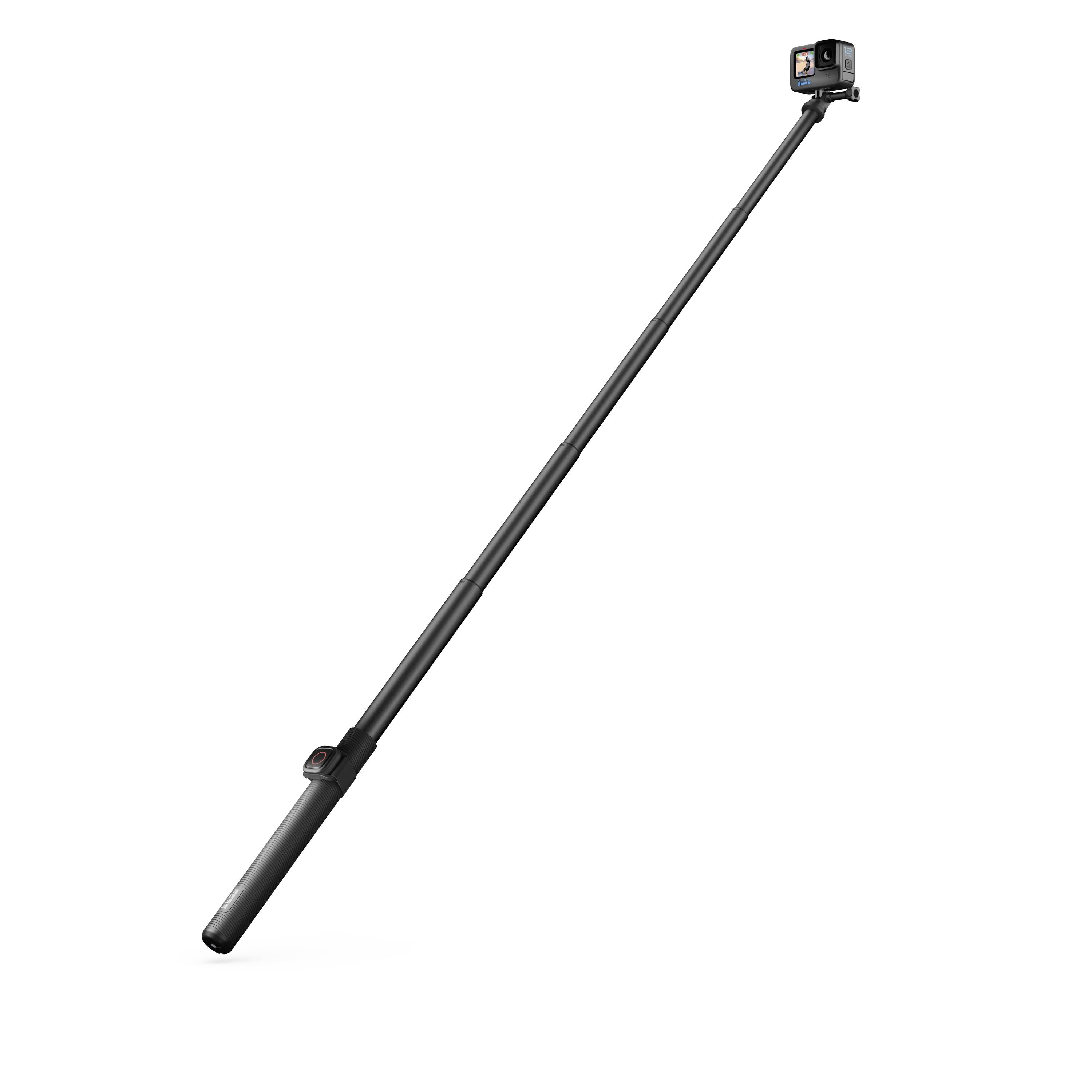 A black extendable selfie stick with a camera at the end, suitable for taking photographs from a great distance.
