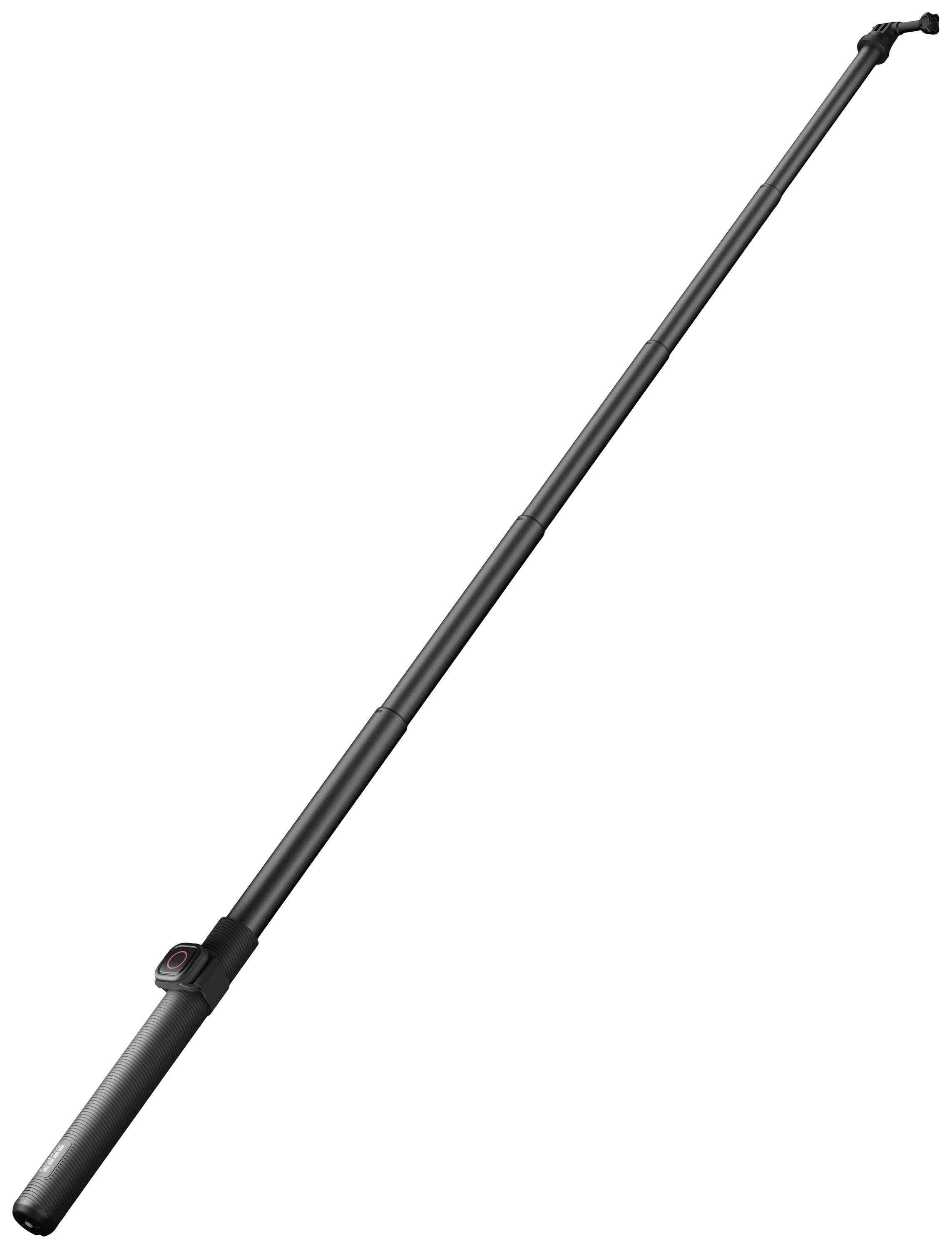 Black telescopic pole, extended, with a round handle at the bottom end.