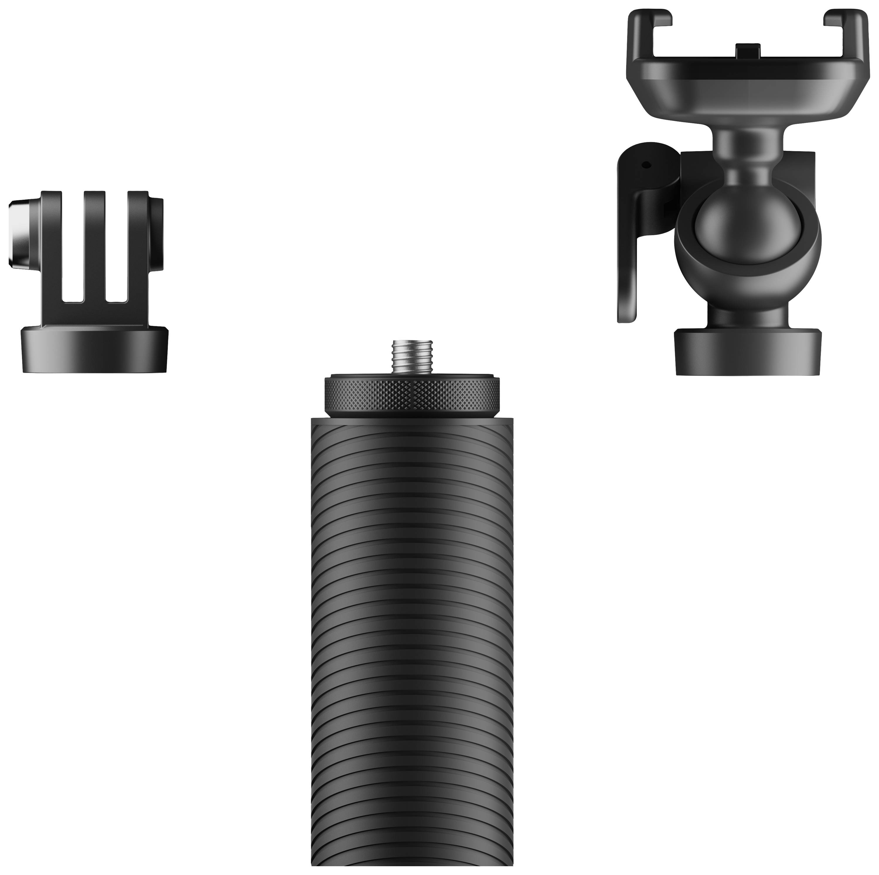 'Three black camera adapter components: a threaded grip, a ball head, and a mount. Designed for flexible camera mounting.'