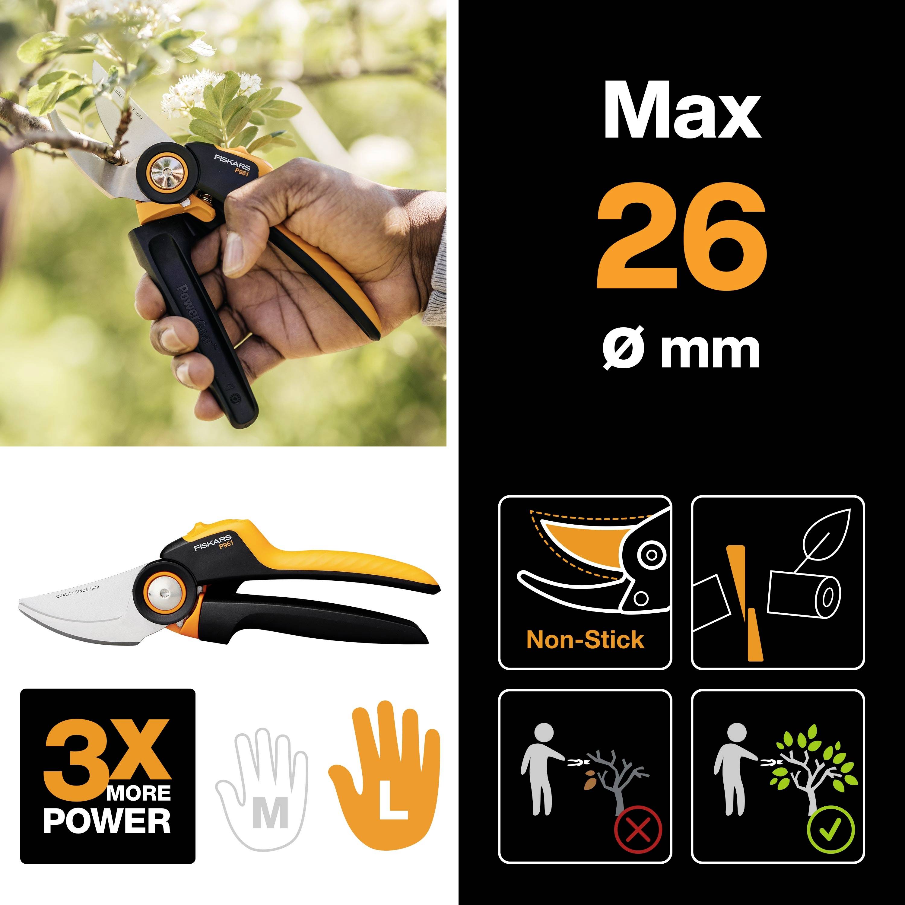 A hand holds pruning shears in front of a tree. Text: 'Max 26 ø mm'. Graphics show pruning shear features such as non-stick and power amplification.