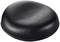 A black, round seat cushion made of smooth material.