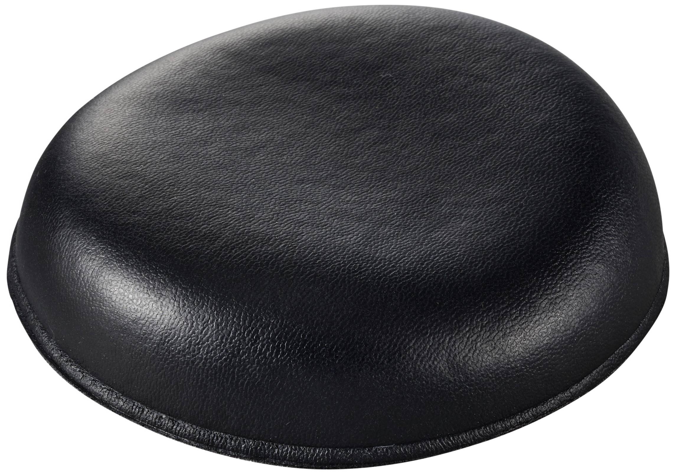 Round, black leather upholstery, likely a seat cushion or pad, on a white background. Simple design, no patterns.