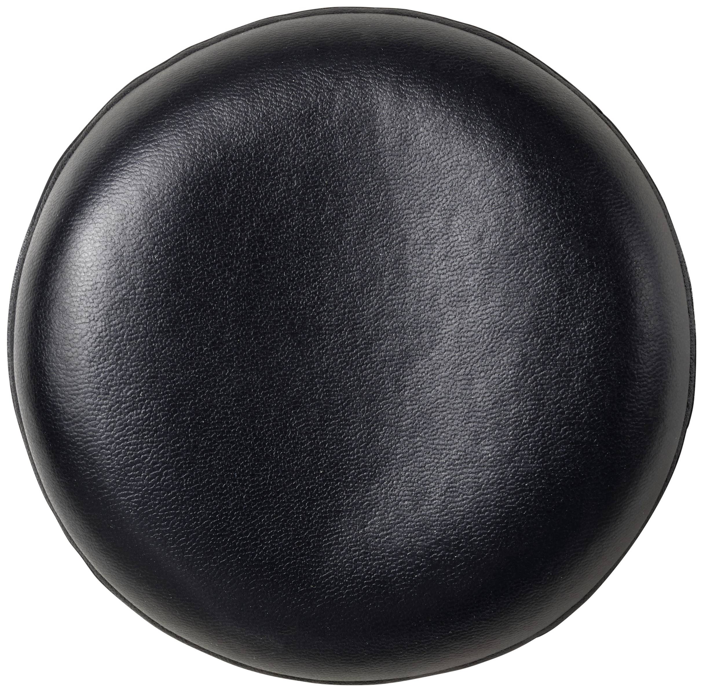 Black, round, padded stool viewed from above. Smooth, glossy surface.
