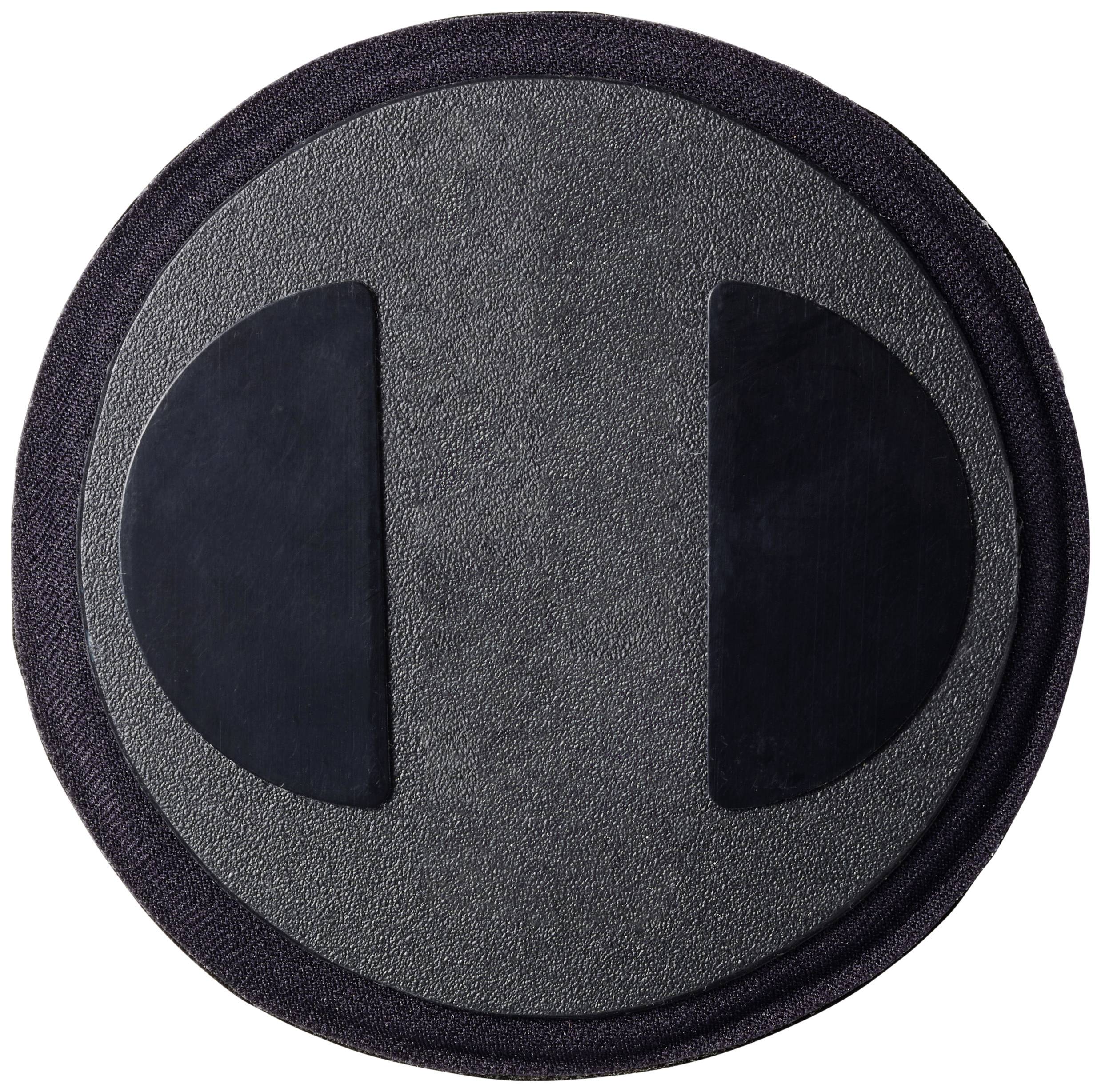 A round, grey mat with two black, oval areas in the centre, potentially designed for balance or fitness exercises.